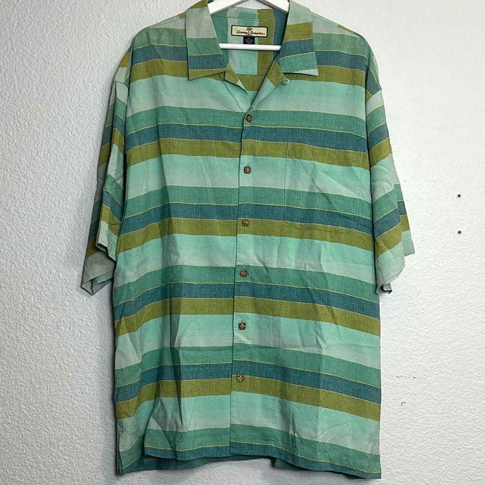 Tommy Bahama 100% Silk Green Blue Striped Short Sleeve Button Down‎ Men's XL